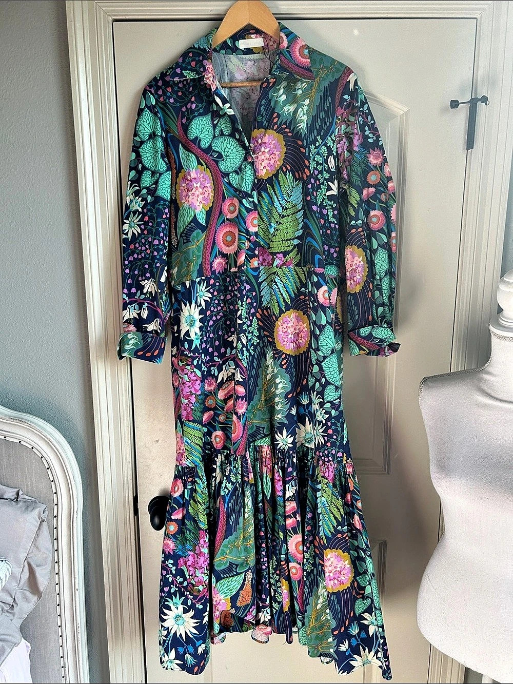 Farm Rio Inspired Maxi Dress Blue & Pink Floral